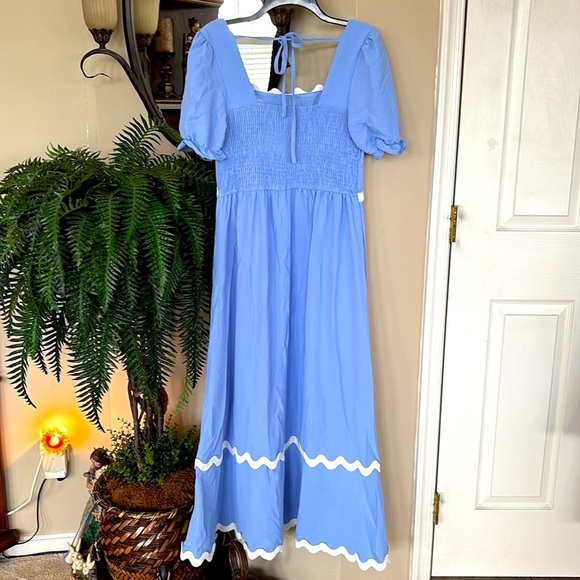 Brand New Blue Flowy Maxi Dress w/ White Ric Rac Tie Back Smocked Puff Sleeves - Picture 8 of 16